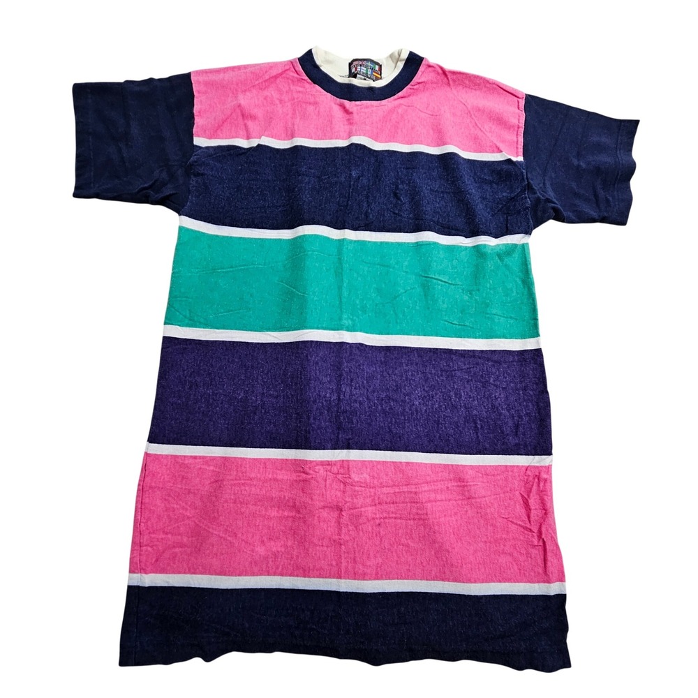 Paris Sport Club Striped T-Shirt Medium Multi-Color Vintage 90s Cotton Tee